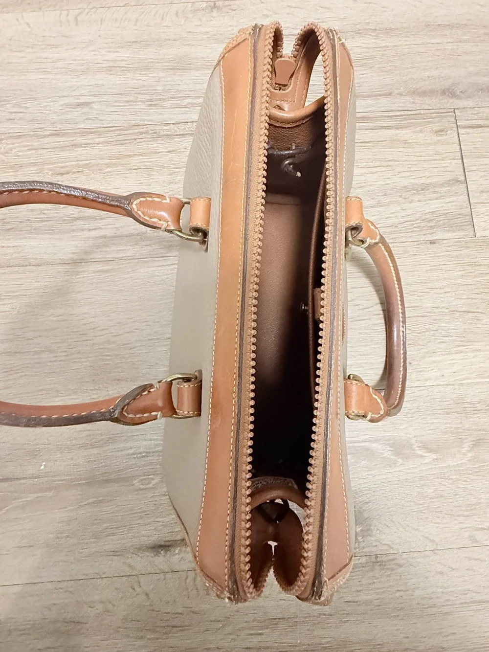 Vintage Dooney & Bourke Taupe Pebbled Leather Satchel with Tan Trim